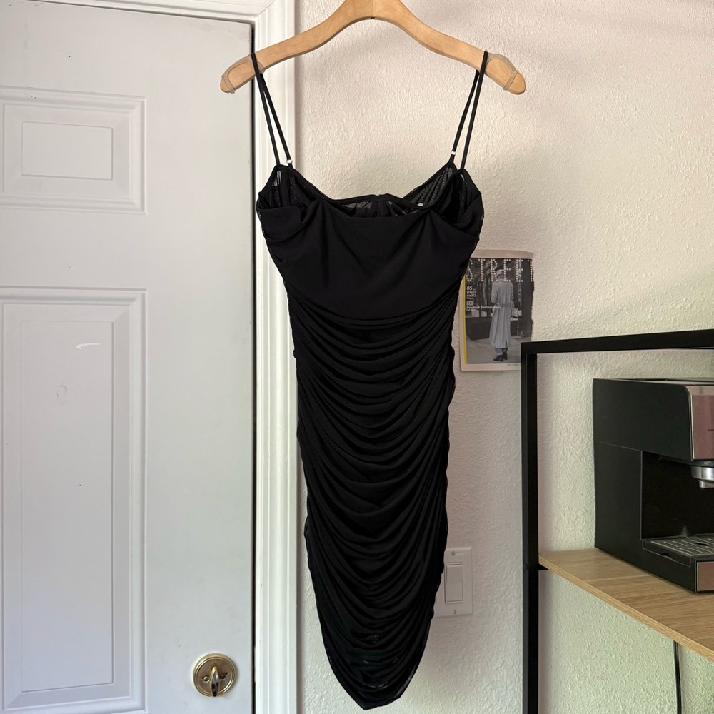 HOUSE OF CB black mesh knit bodycon ruched sleeveless mini dress‎